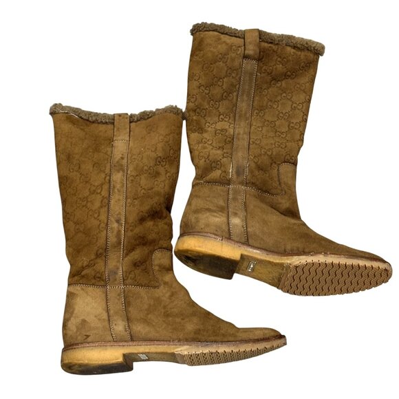 Gucci Suede Monogram Shearling Boots in Brown with Dustbag - Picture 4 of 12